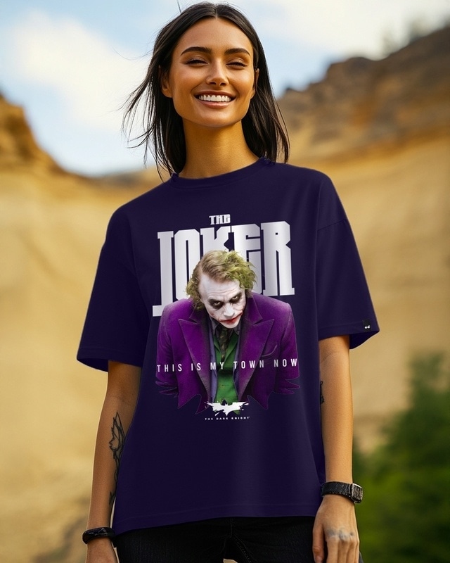 Shop Women's Navy Blue Joker's Town Graphic Printed Oversized T-shirt-Front