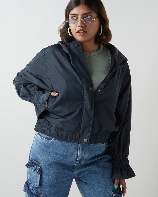 Shop Women's Navy Blue Oversized Plus Size Hooded Windcheater Jacket-Front