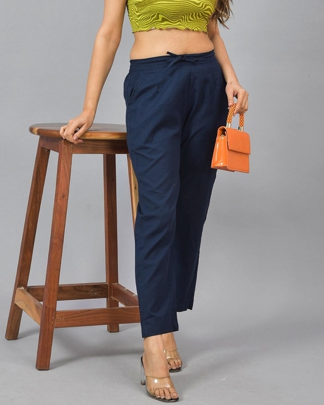 Shop Women's Navy Blue Relaxed Fit Casual Pants-Front