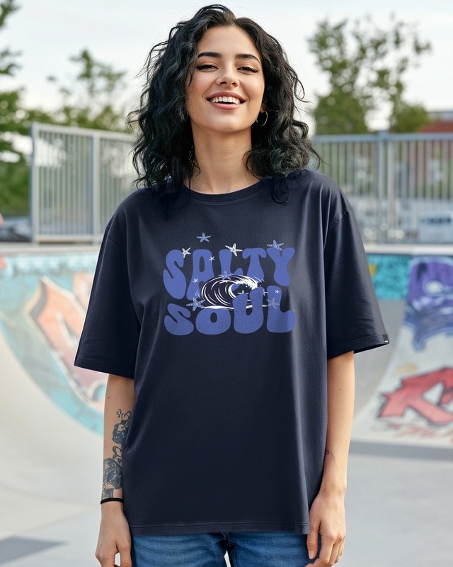Women's Navy Blue Salty Soul Typography Oversized T-shirt-Front Bewakoof Shop Women's Navy Blue Salty Soul Typography Oversized T-shirt-Front