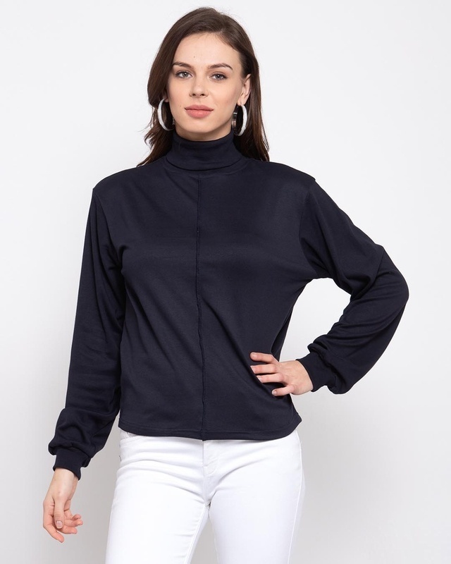 Shop Women's Navy Blue Solid High Neck Top-Front