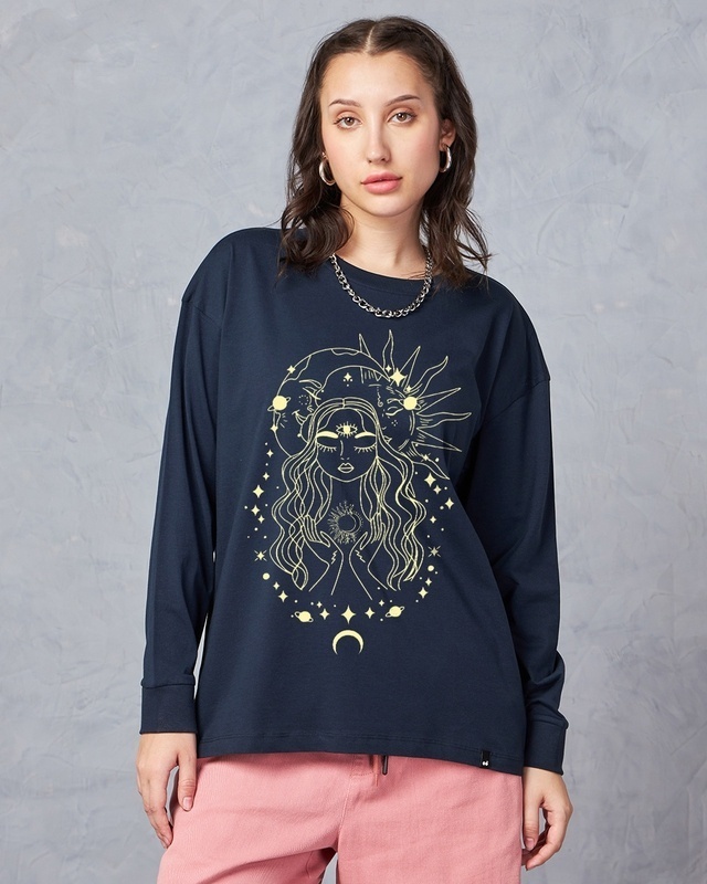 Shop Women's Navy Blue Stardust Soul Graphic Printed Oversized T-shirt-Front