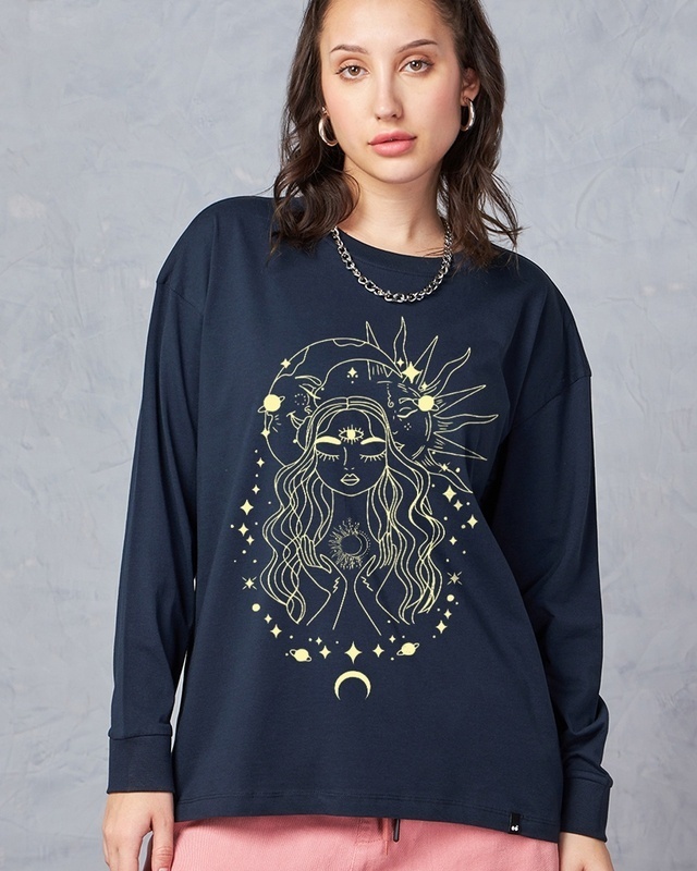 Shop Women's Navy Blue Stardust Soul Graphic Printed Oversized T-shirt-Front