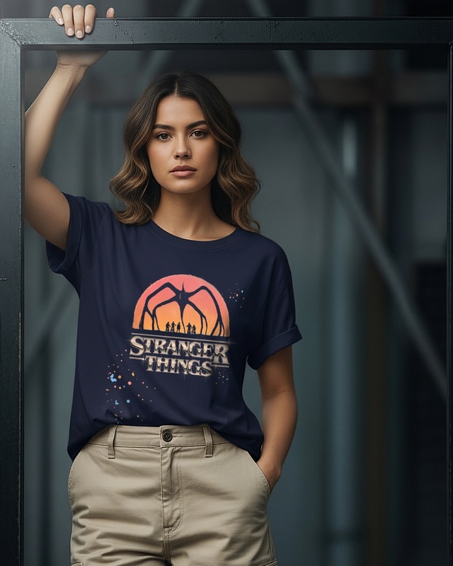 Shop Women's Navy Blue Stranger Things Logo Splatter Graphic Printed Boyfriend T-shirt-Front