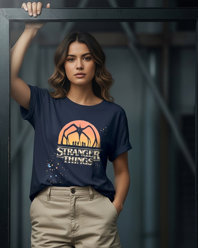 Shop Women's Navy Blue Stranger Things Logo Splatter Graphic Printed Boyfriend T-shirt-Front