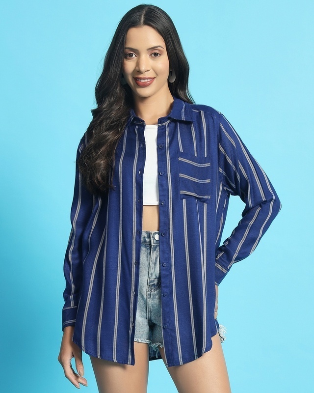 Shop Women's Navy Blue Striped Oversized Shirt-Front