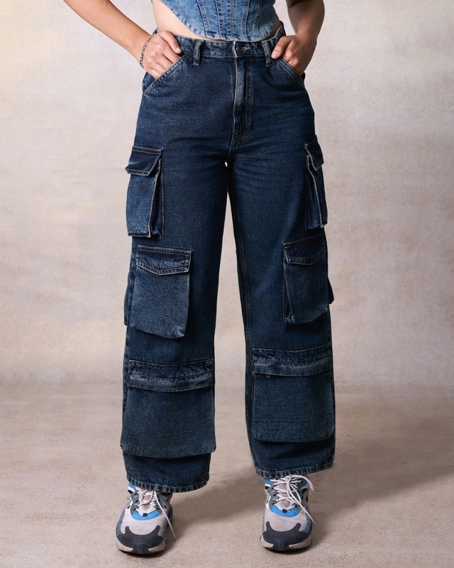 Shop Women's Navy Blue Washed Baggy Oversized Cargo Jeans-Front