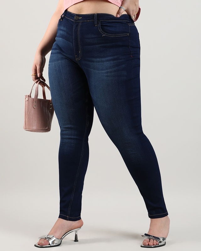 Shop Women's Navy Blue Washed Slim Fit Plus Size Jeans-Front