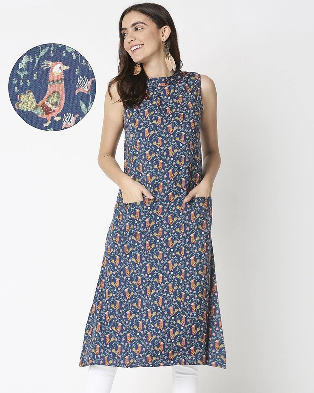 Shop Women's Navy Printed Sleeveless Kurti Dress-Front