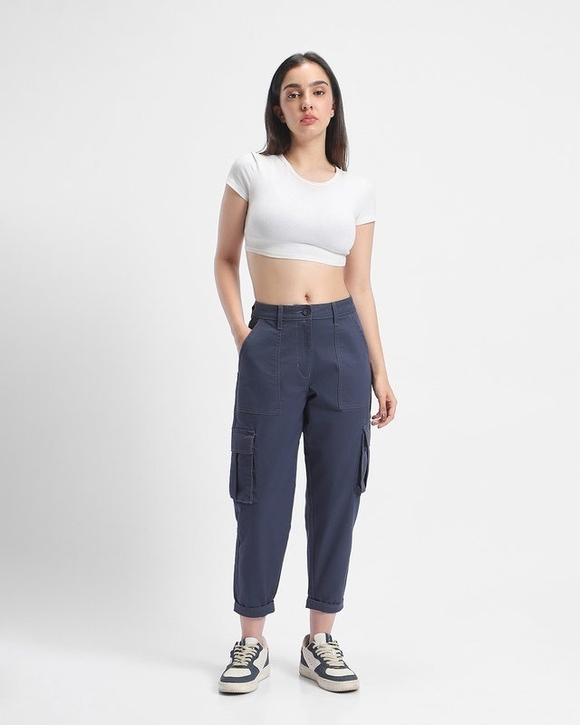 Shop Women's Blue Tapered Cargo Pants-Front