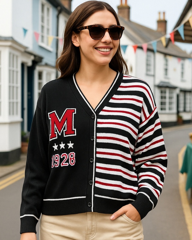 Shop Women's Black & White Striped Oversized Sweater-Front