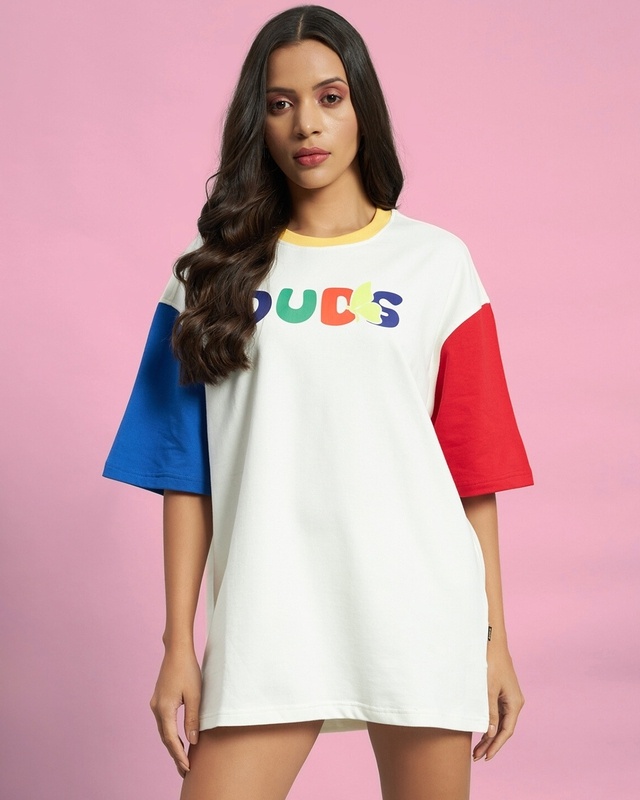 Women's Off White Color Block Oversized T-shirt