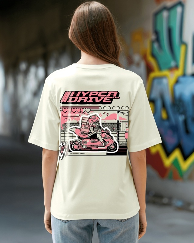 Shop Women's Off White Hyper Drive Graphic Printed Oversized T-shirt-Front