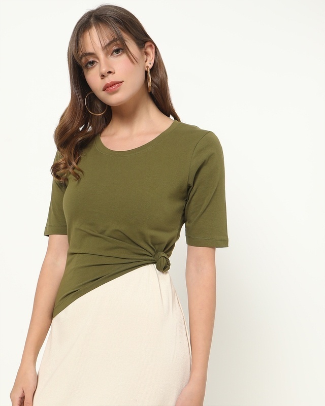 Shop Women's Olive Elbow Sleeve Scoop Neck T-shirt-Front