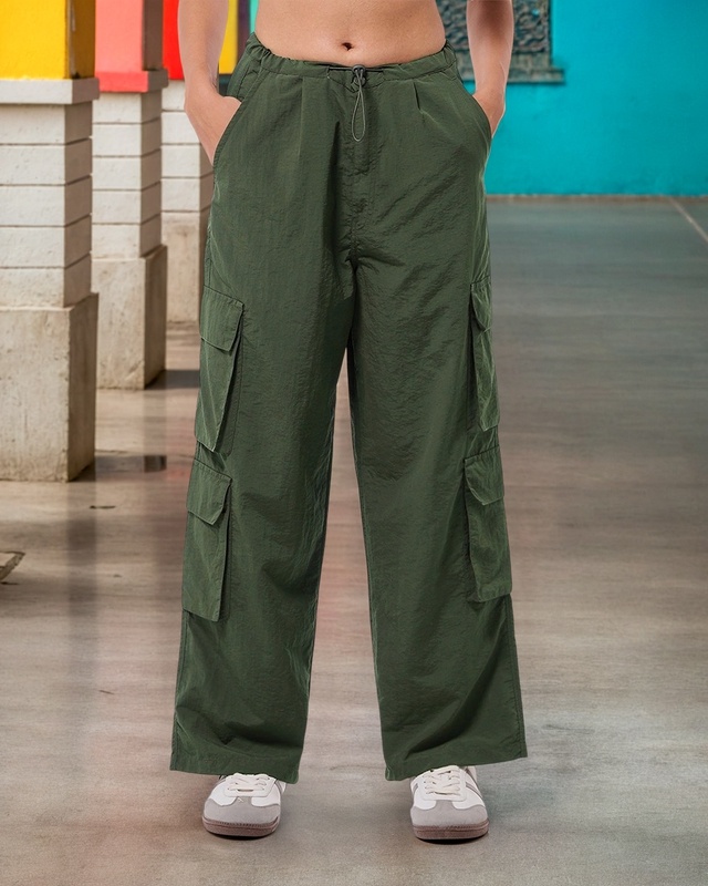 Shop Women's Olive Green Baggy Oversized Cargo Parachute Pants-Front