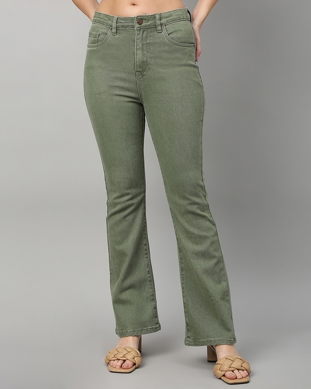 Shop Women's Olive Green Bootcut Jeans-Front