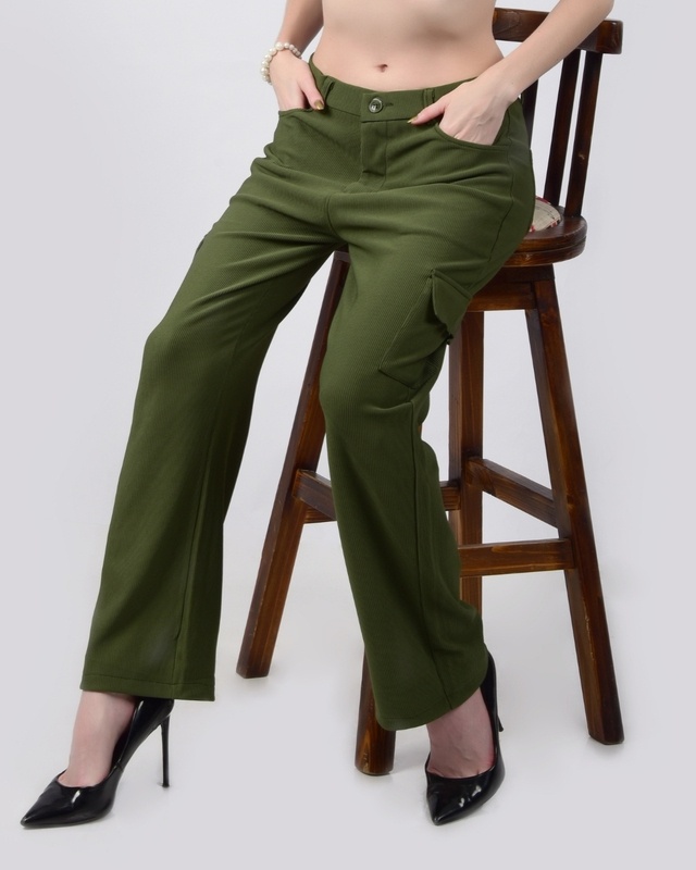 Shop Women's Olive Green Cargo Korean Pants-Front