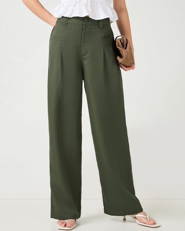 Shop Women's Olive Green Oversized Korean Pants-Front