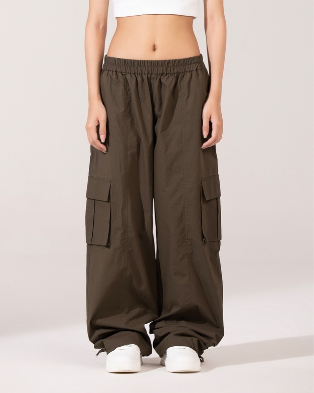 Shop Women's Olive Green Oversized Parachute Pants-Front