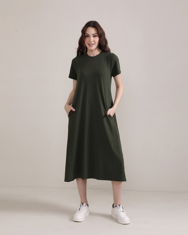 Shop Women's Olive Green Relaxed Fit A-Line Dress-Front