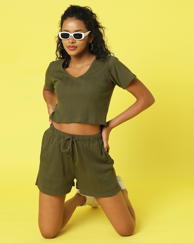 Shop Women's Olive Green Relaxed Fit Co-ordinates-Front