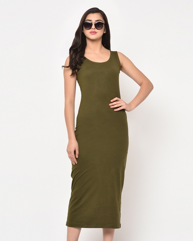Shop Women's Olive Green Slim Fit Maxi Dress-Front