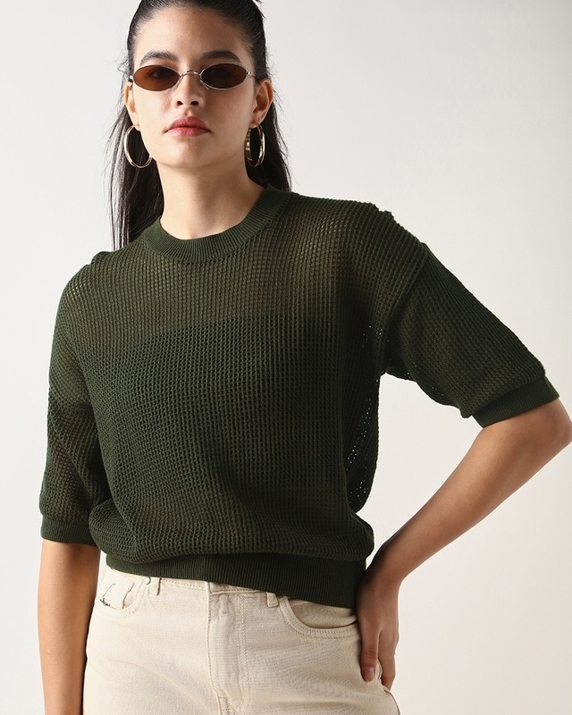 Shop Women's Olive Green Textured Slim Fit Short Top-Front