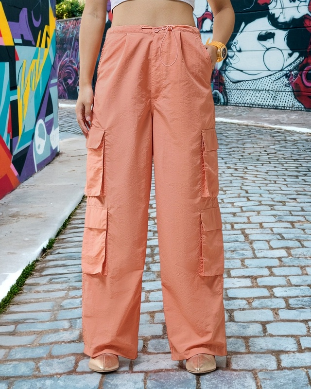 Shop Women's Orange Baggy Oversized Cargo Parachute Pants-Front