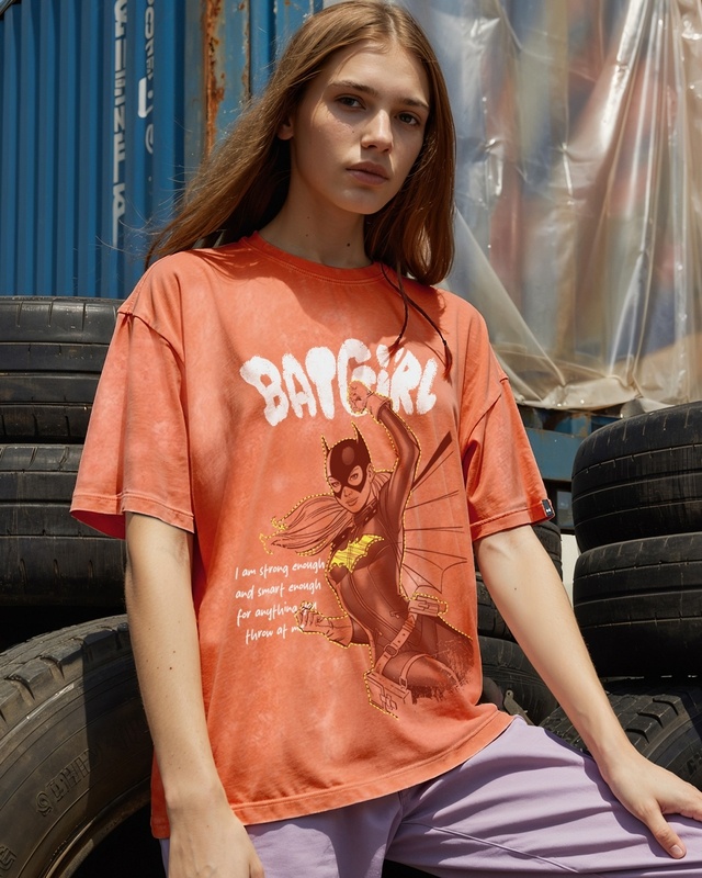 Shop Women's Orange Bat Girl Graphic Printed Oversized Acid Wash T-shirt-Front