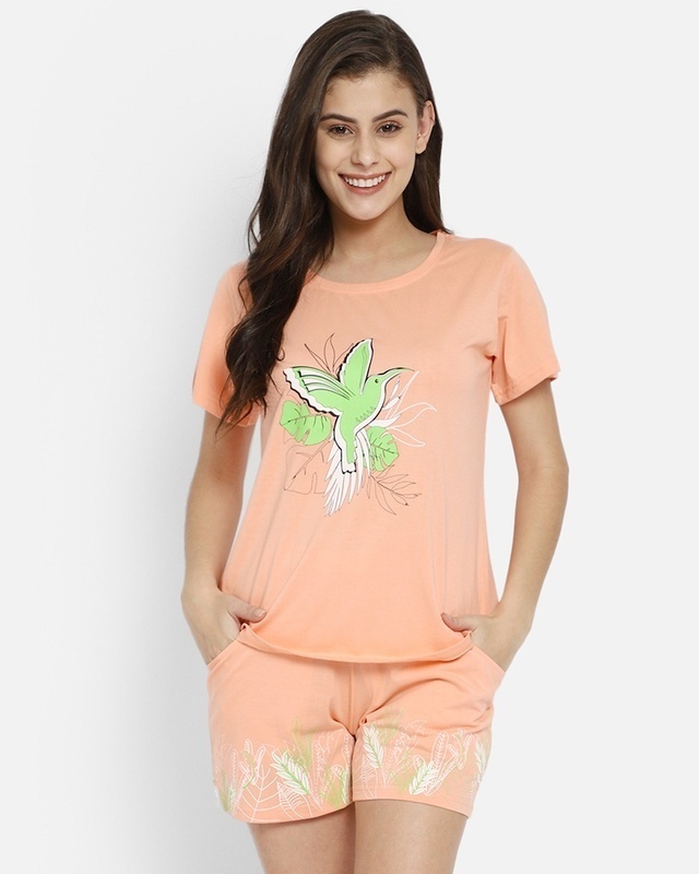 Shop Women's Orange Bird Graphic Printed Cotton T-shirt & Shorts Set-Front