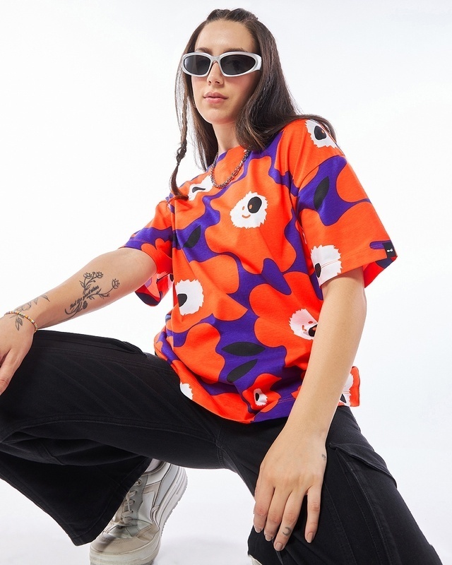 Shop Women's Orange & Blue All Over Printed Oversized T-shirt-Front