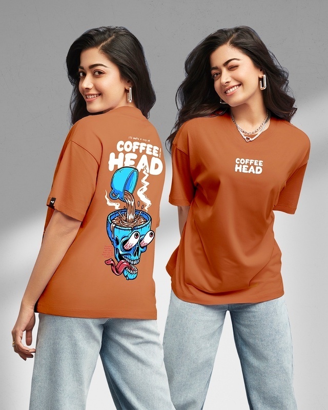 Shop Women's Orange Coffee Head Graphic Printed Oversized T-shirt-Front