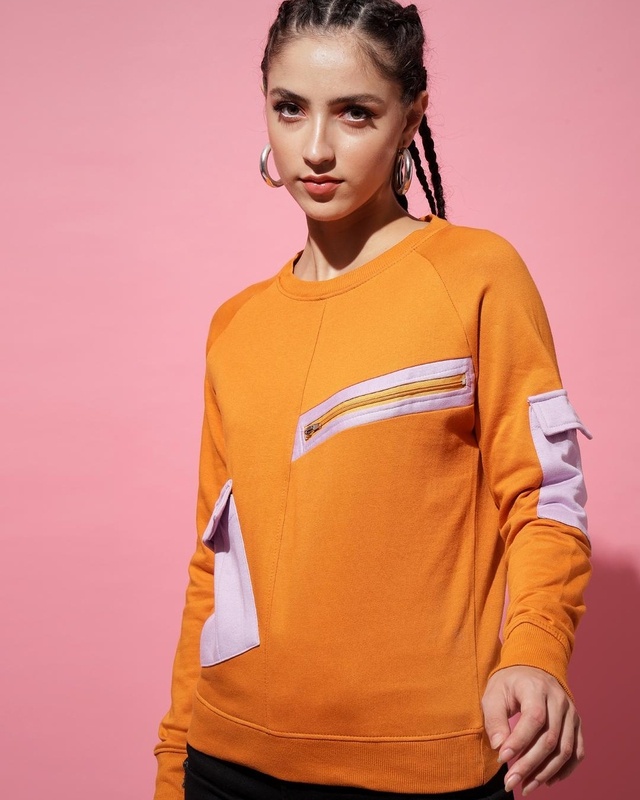 Shop Women's Orange Color Block Sweatshirt-Front