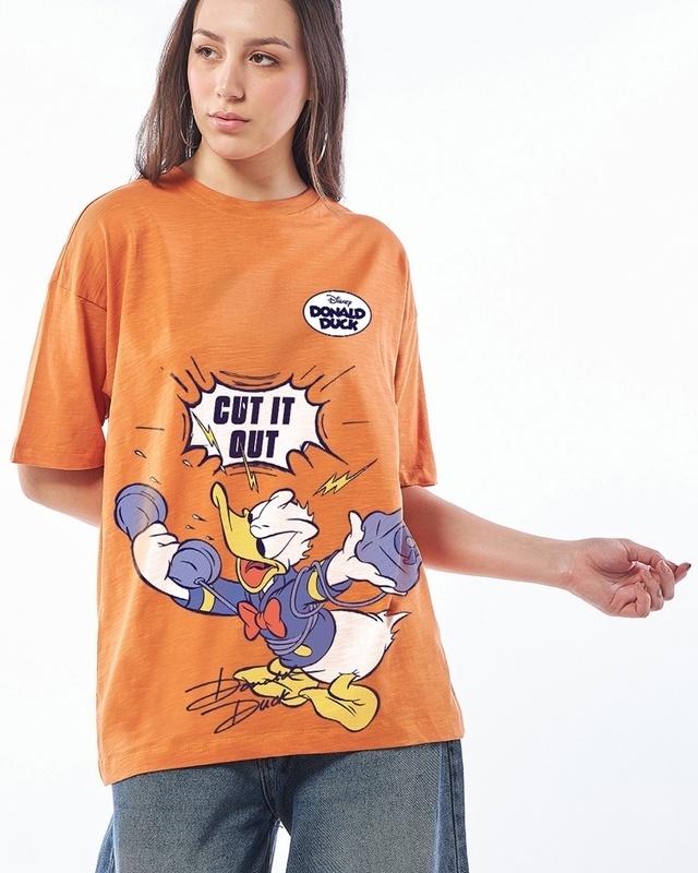 Shop Women's Orange Cut It Out Graphic Printed Oversized T-shirt-Front