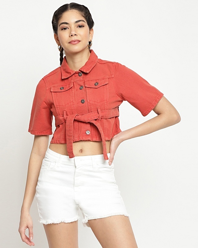 Shop Women's Orange Denim Cropped Jacket-Front