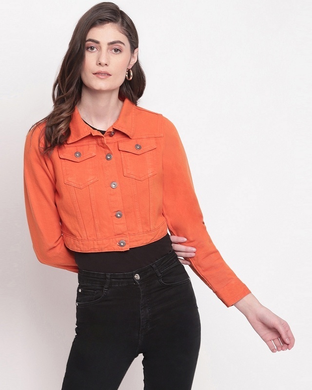 Shop Women's Orange Denim Cropped Jacket-Front