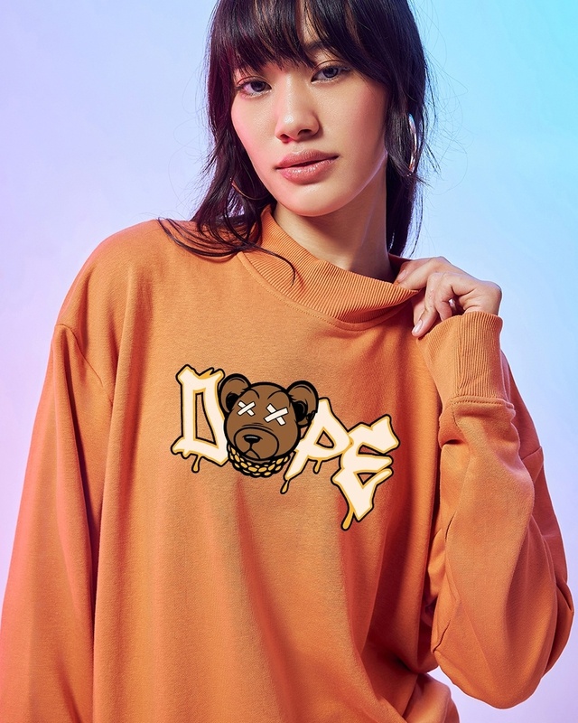 Shop Women's Orange Dope Bear Graphic Printed Oversized Sweatshirt-Front