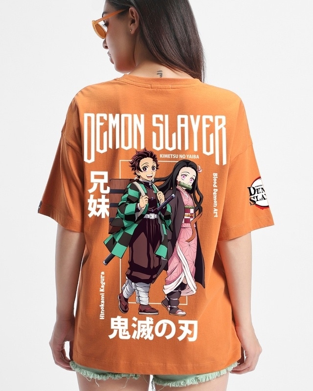 Shop Women's Orange DS Siblings Oversized Graphic Printed T-shirt-Front