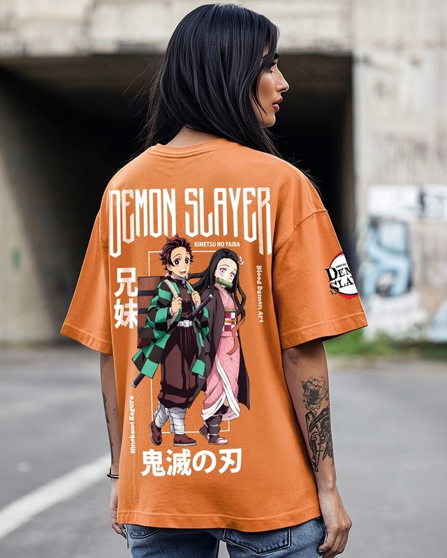 Shop Women's Orange DS Siblings Oversized Graphic Printed T-shirt-Front