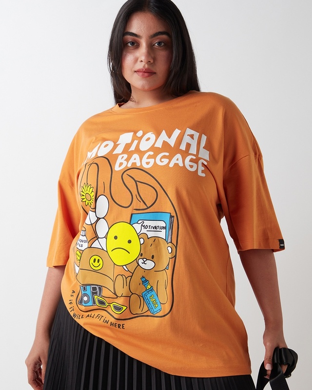 Shop Women's Orange Emotional Baggage Graphic Printed Oversized Plus Size T-shirt-Front