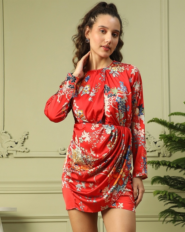 Women's Orange Floral Printed Mini Dress
