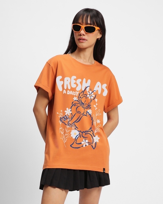 Shop Women's Orange Fresh As A Daisy Graphic Printed Boyfriend T-shirt-Front