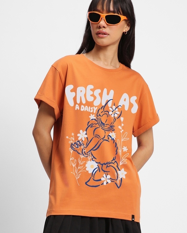 Shop Women's Orange Fresh As A Daisy Graphic Printed Boyfriend T-shirt-Front