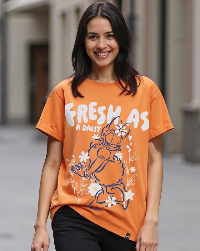 Shop Women's Orange Fresh As A Daisy Graphic Printed Boyfriend T-shirt-Front