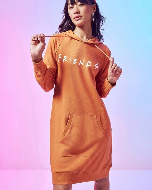 Shop Women's Orange Friends Logo Graphic Printed Hoodie Dress-Front