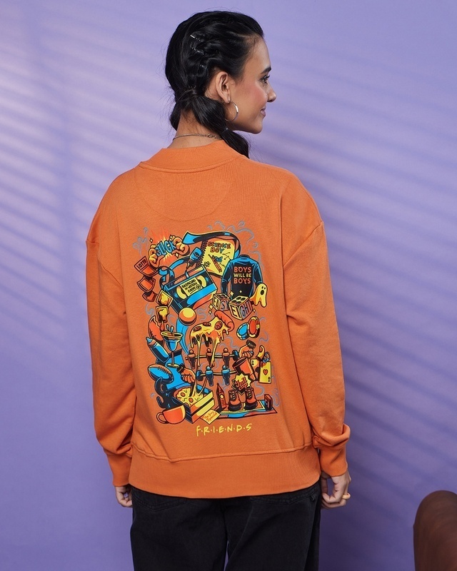 Shop Women's Orange Friends Memories Graphic Printed Oversized Sweatshirt-Front