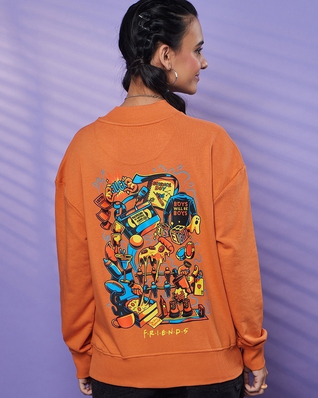 Shop Women's Orange Friends Memories Graphic Printed Oversized Sweatshirt-Front