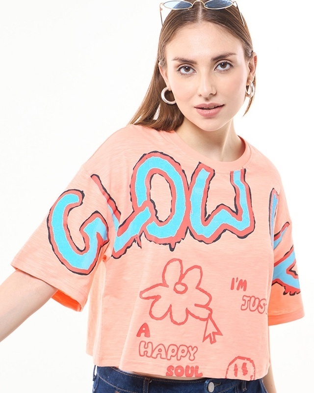 Shop Women's Orange Glow Up Graphic Printed Oversized Short Top-Front