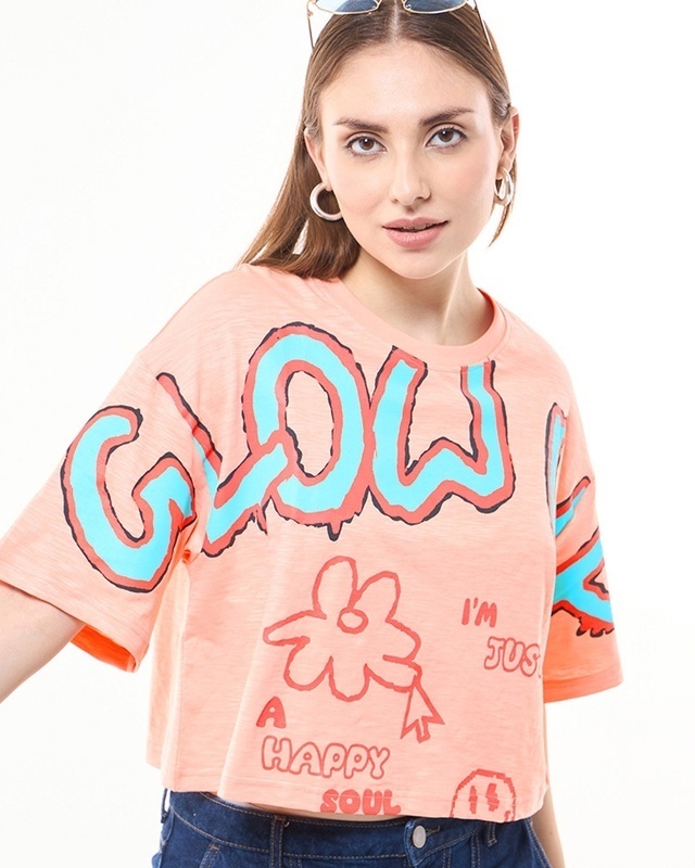 Shop Women's Orange Glow Up Graphic Printed Oversized Short Top-Front