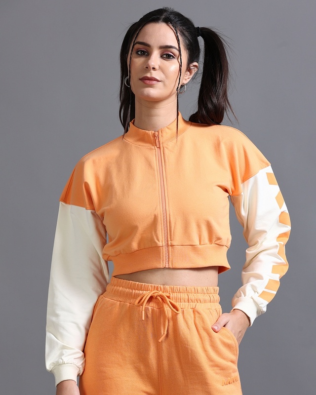 Women's Orange Graphic Printed Cropped Zipper Jacket